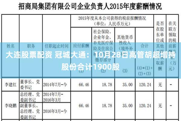 大连股票配资 冠城大通：10月28日高管胡超增持股份合计1900股